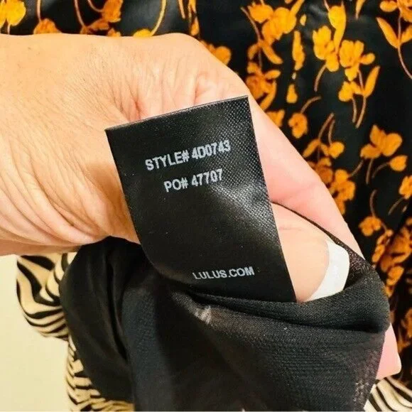 Lulu’s Gold Mine Black Multi Print Satin Asymmetrical Midi Dress Size Medium - Picture 11 of 12